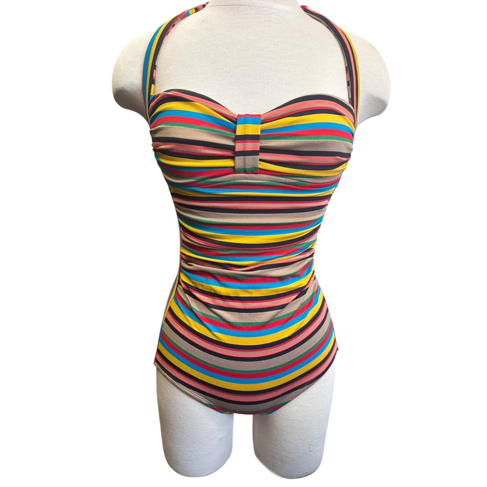 Pez‎ D'Or Barcelona Multicolor Striped Halter Ruched One Piece Swimsuit Retro S